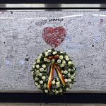 Illustration shows a tribute board in marge of a ceremony at the Maalbeek - Maelbeek metro station to commemorate the 2016 terrorist attacks in Brussels, Monday 22 March 2021. On March 22 2016, 32 people were killed and 324 got injured in suicide bombings at Brussels airport and in the Brussels' subway, which were claimed by ISIL. BELGA PHOTO POOL CHRISTOPHE LICOPPE